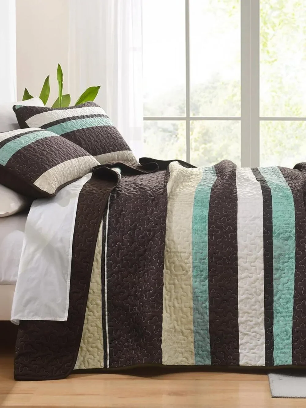 Red Brown Boho Striped 3-Piece Quilt Bedding Set w/Shams